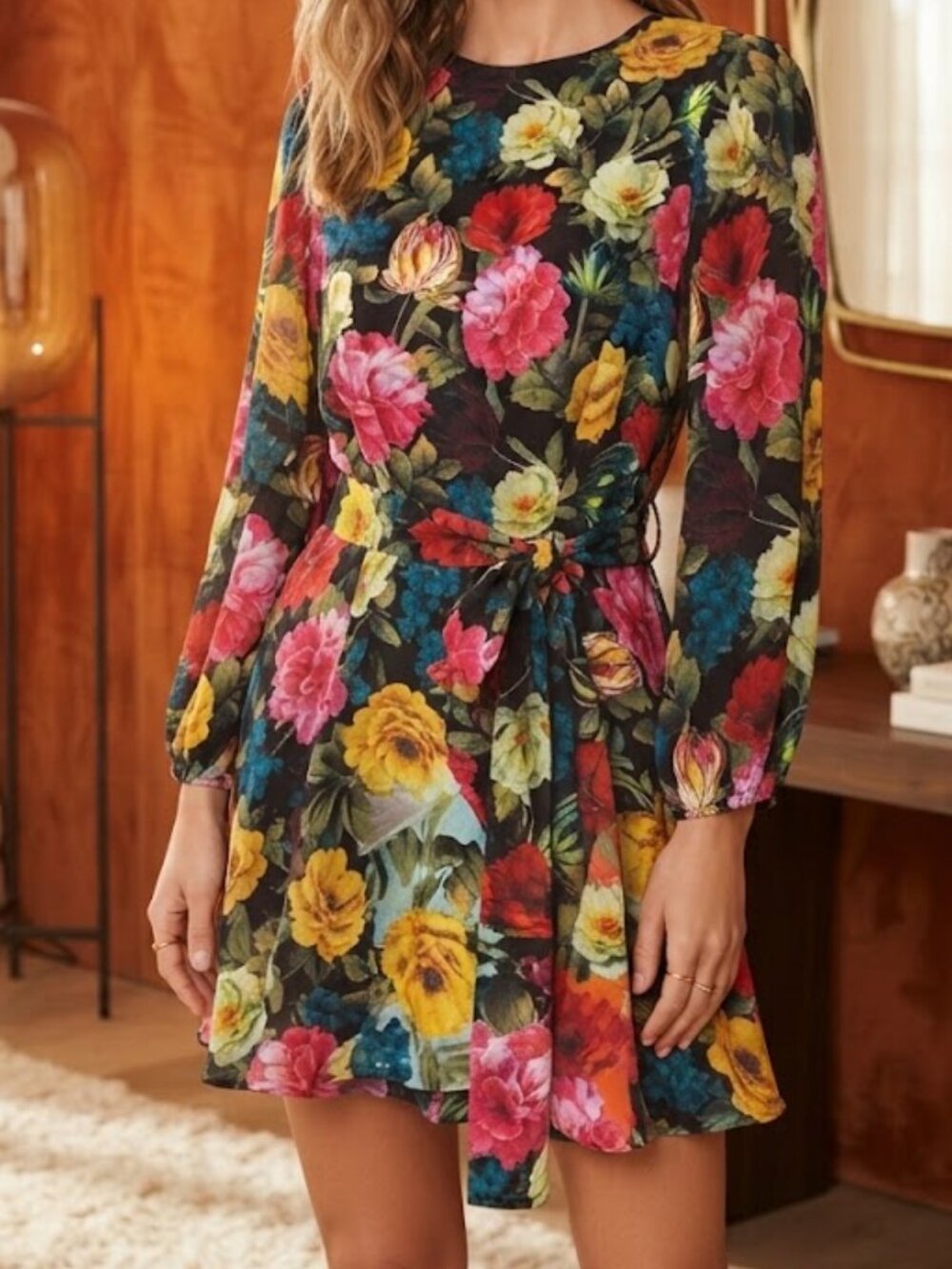 Alice + Olivia Black Floral Wrap Mini Dress Size M